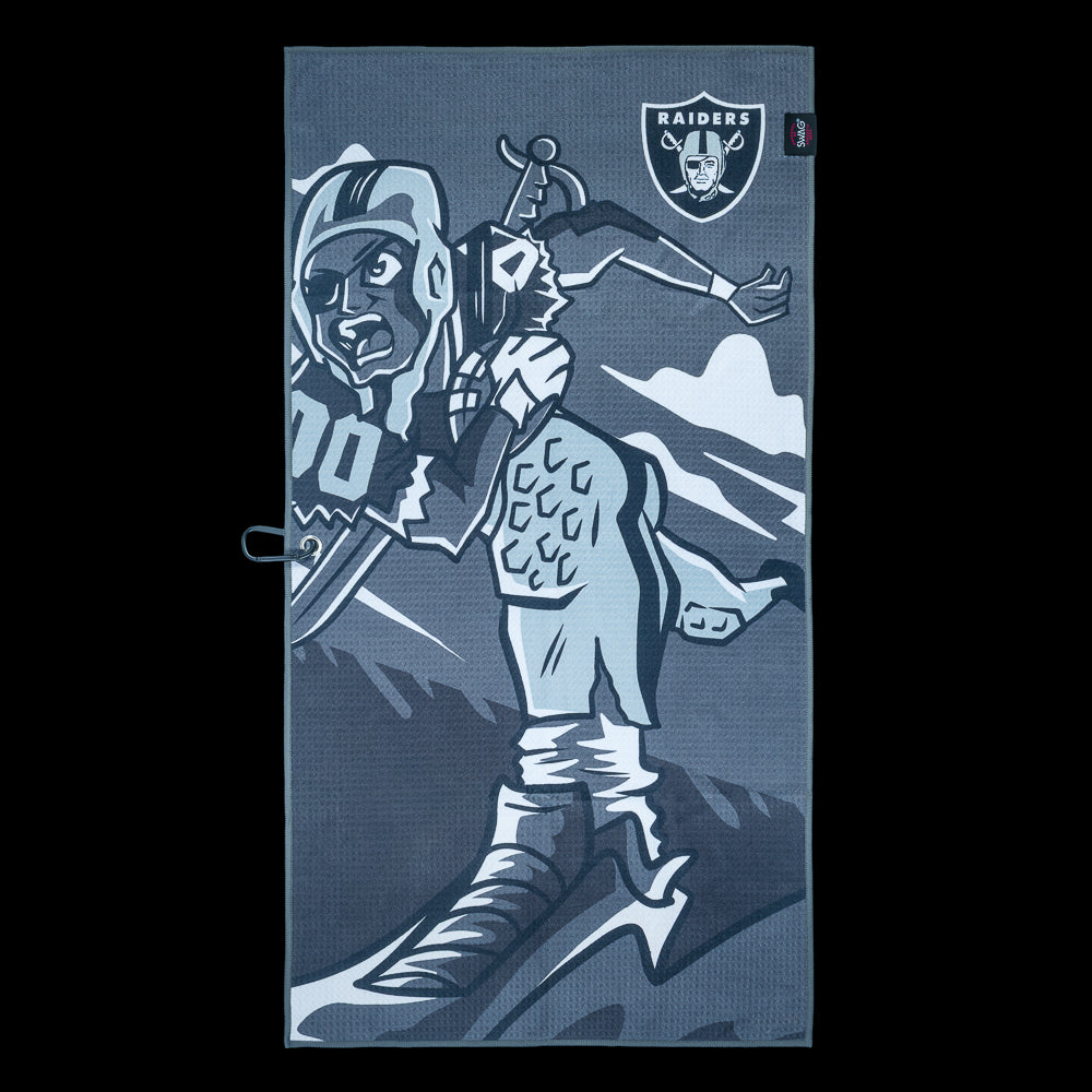 Golf towel with warrior design and Las Vegas Raiders logo on a dark background.