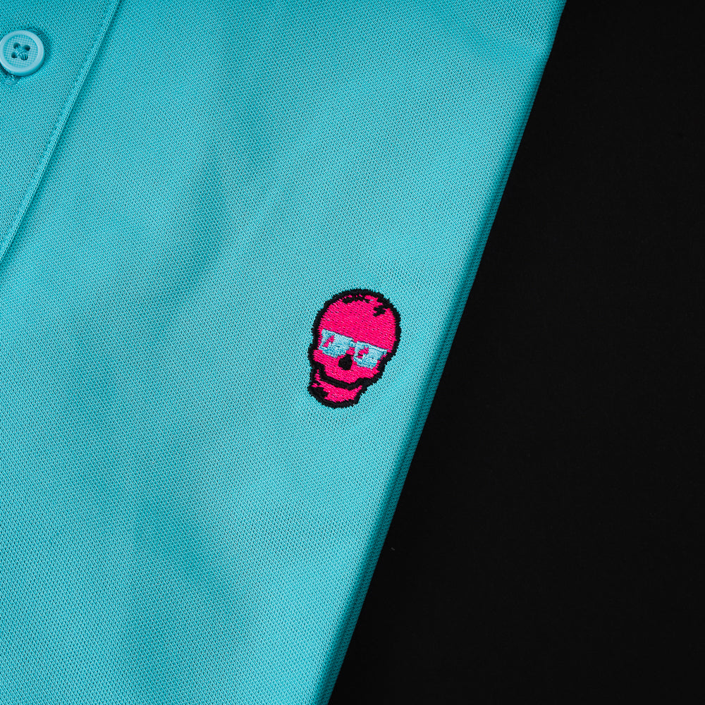 Swag x G/Fore teal men's short sleeve performance golf polo shirt.