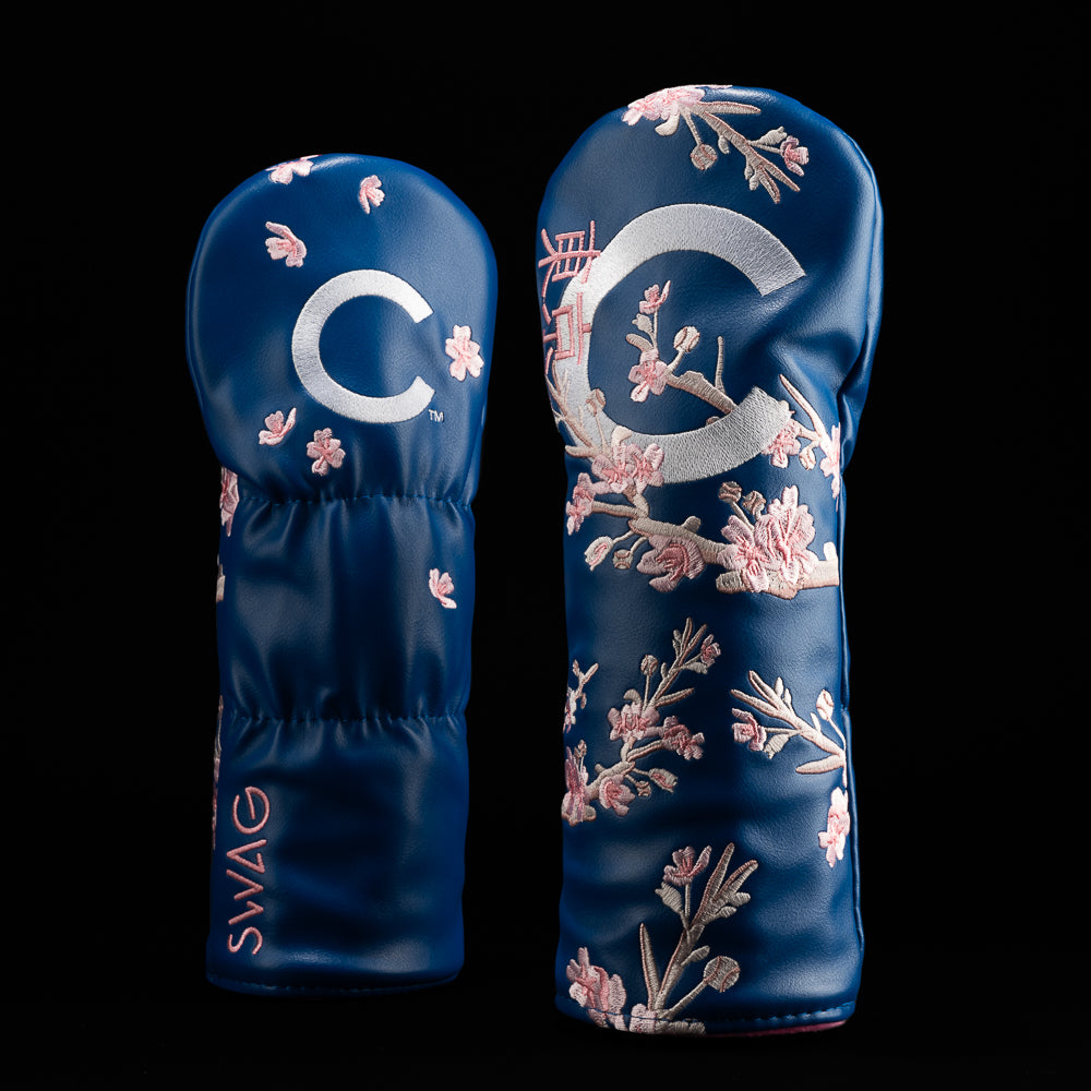 Chicago Cubs MLB Tokyo Series blue, white, and pink cherry blossom fairway wood golf headcover.
