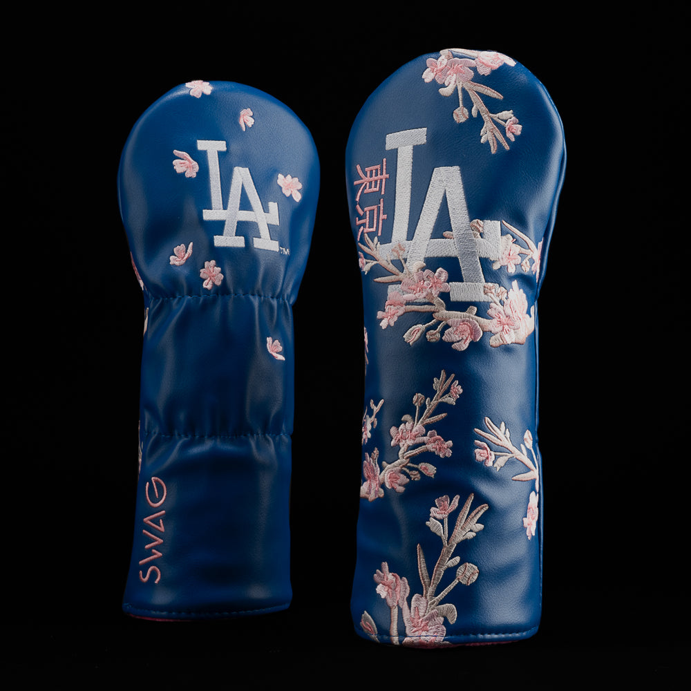 LA Dodgers MLB Tokyo Series cherry blossom blue, white, and pink fairway wood golf headcover.