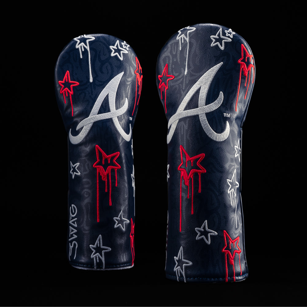 MLB Atlanta Braves fairway headcover with graffiti artwork including BATTA UP!, TURN 2, and MLB X SWAG with glow in the dark option.