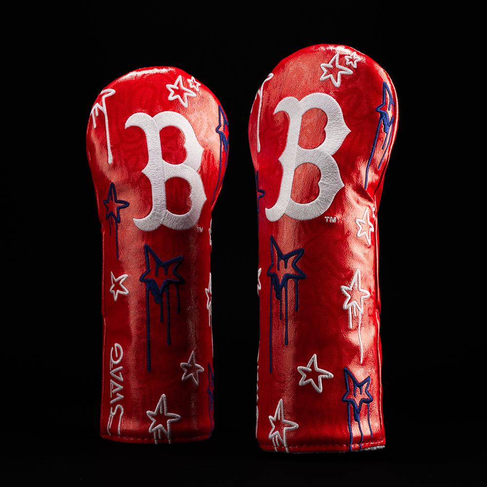 MLB Boston Red Sox fairway headcover with graffiti artwork including BATTA UP!, TURN 2, and MLB X SWAG with glow in the dark option.