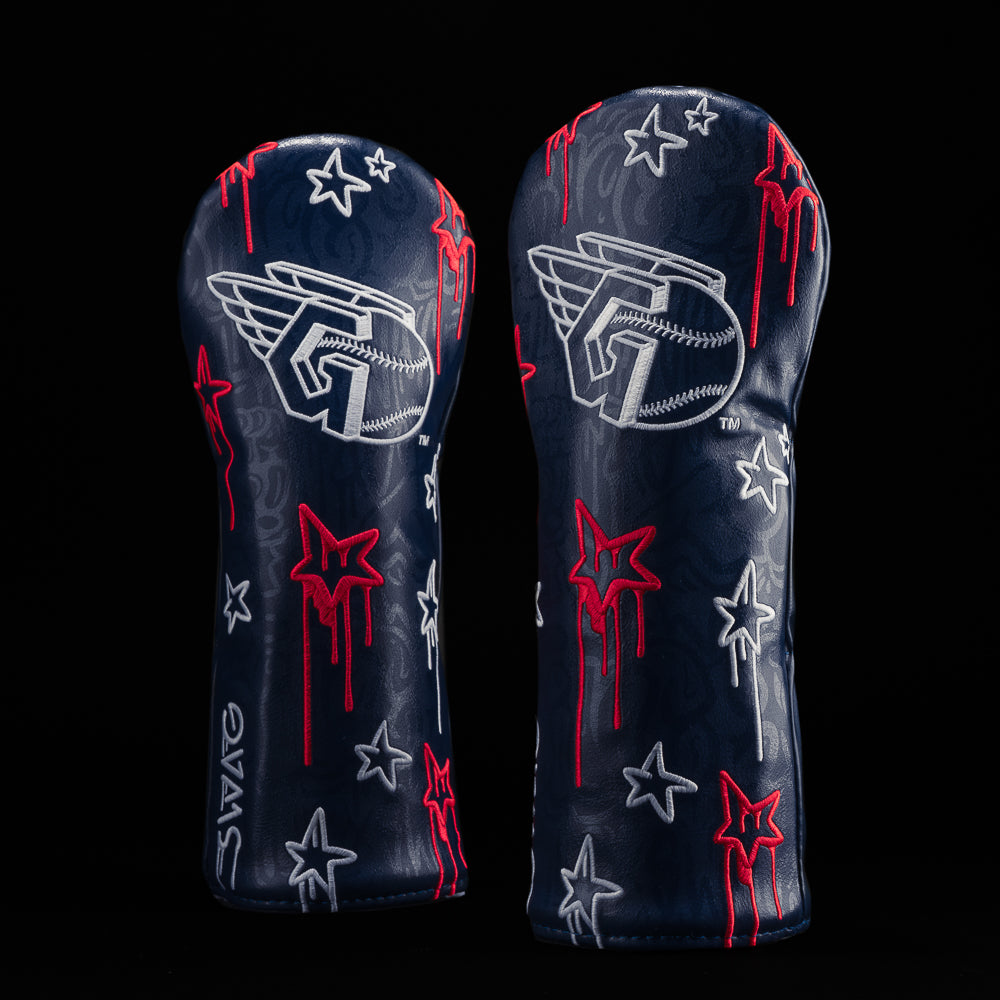 MLB Cleveland Guardians fairway headcover with graffiti artwork including BATTA UP!, TURN 2, and MLB X SWAG with glow in the dark option.