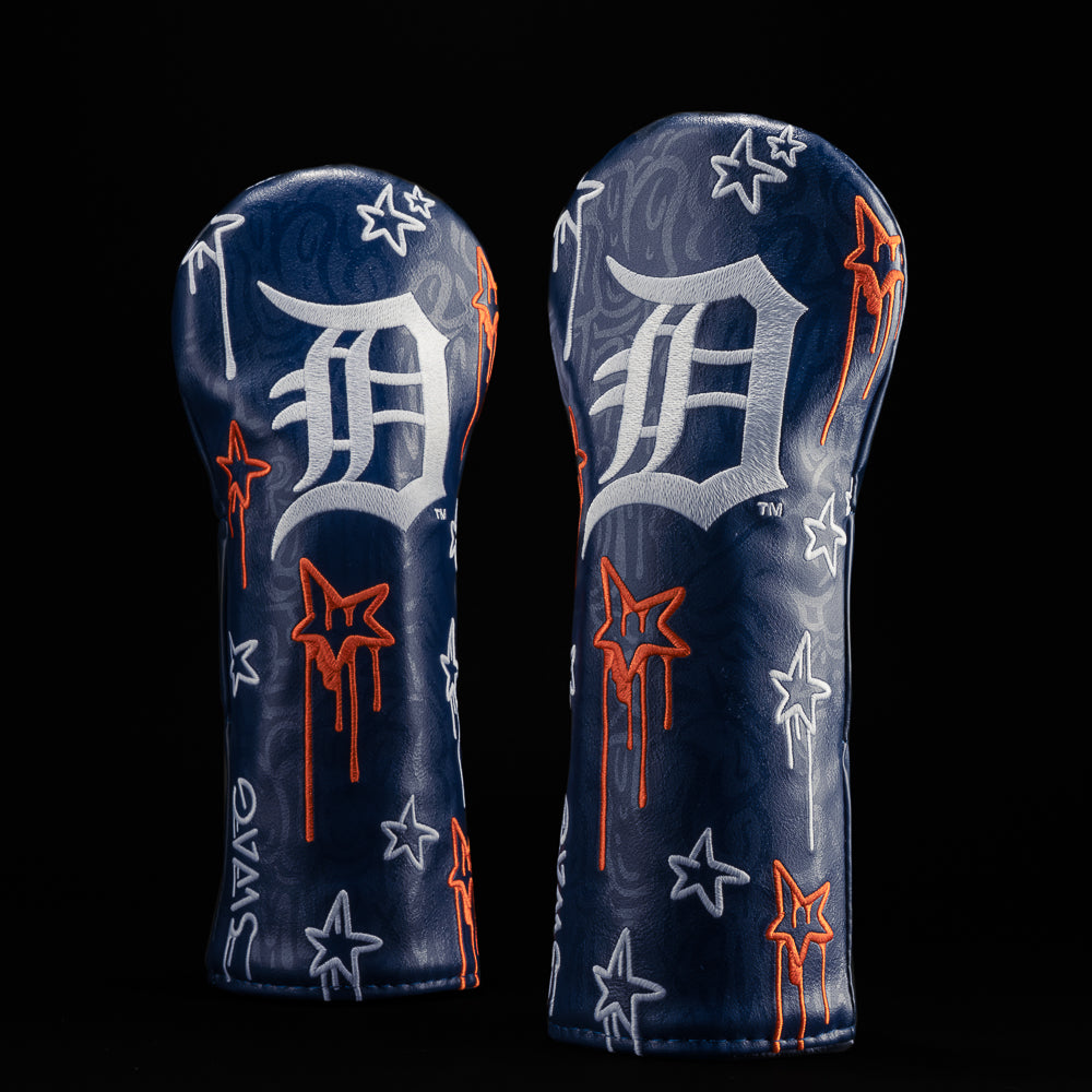 MLB Detroit Tigers fairway headcover with graffiti artwork including BATTA UP!, TURN 2, and MLB X SWAG with glow in the dark option.