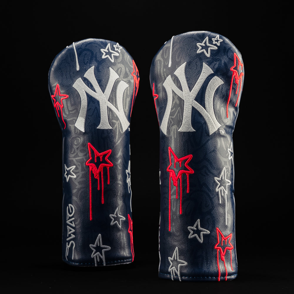 MLB New York Yankees fairway headcover with graffiti artwork including BATTA UP!, TURN 2, and MLB X SWAG with glow in the dark option.