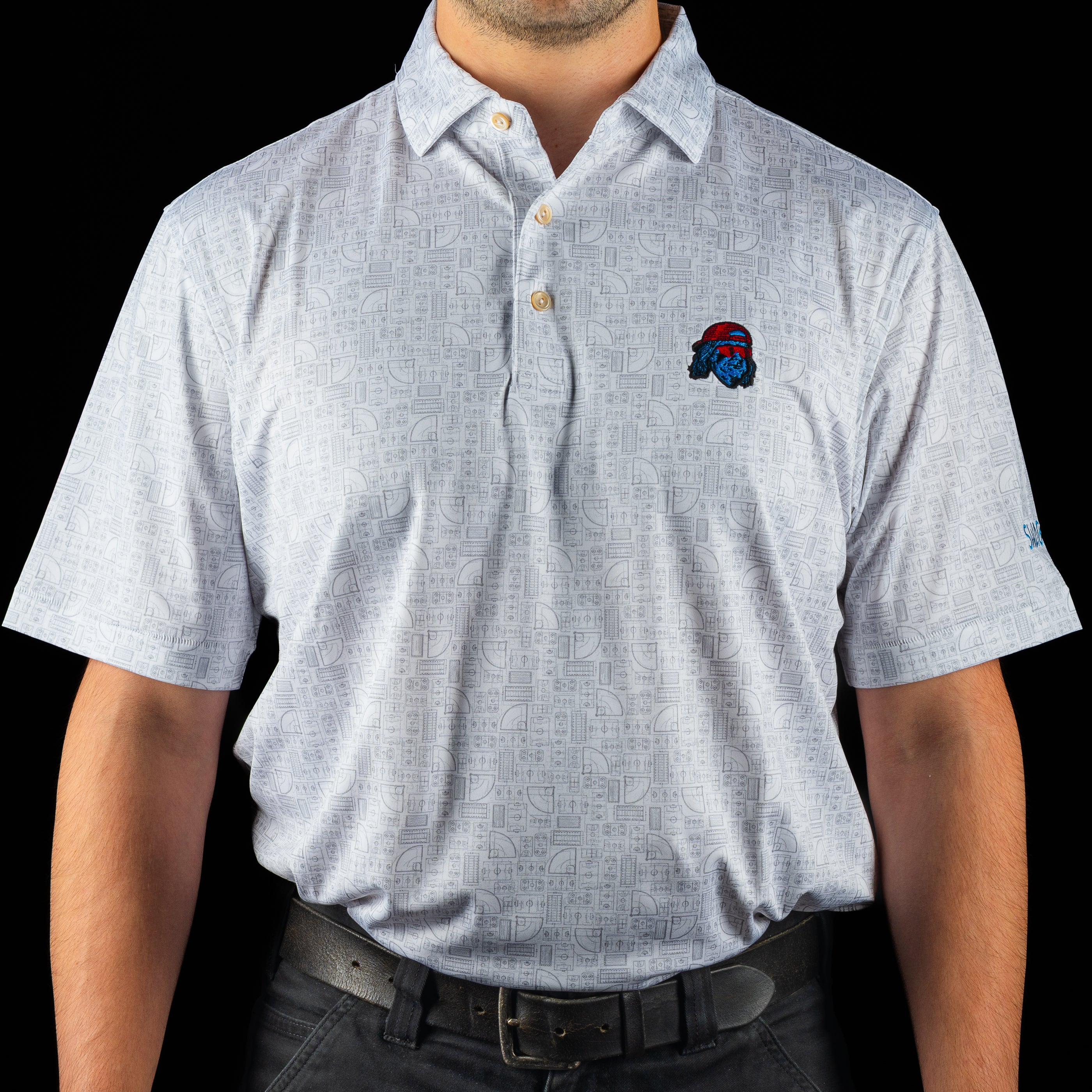 Peter Millar x SWAG polo with Ball Park Ben embroidery on chest and all-over SWAG baseball icon print in Summer Comfort fabric