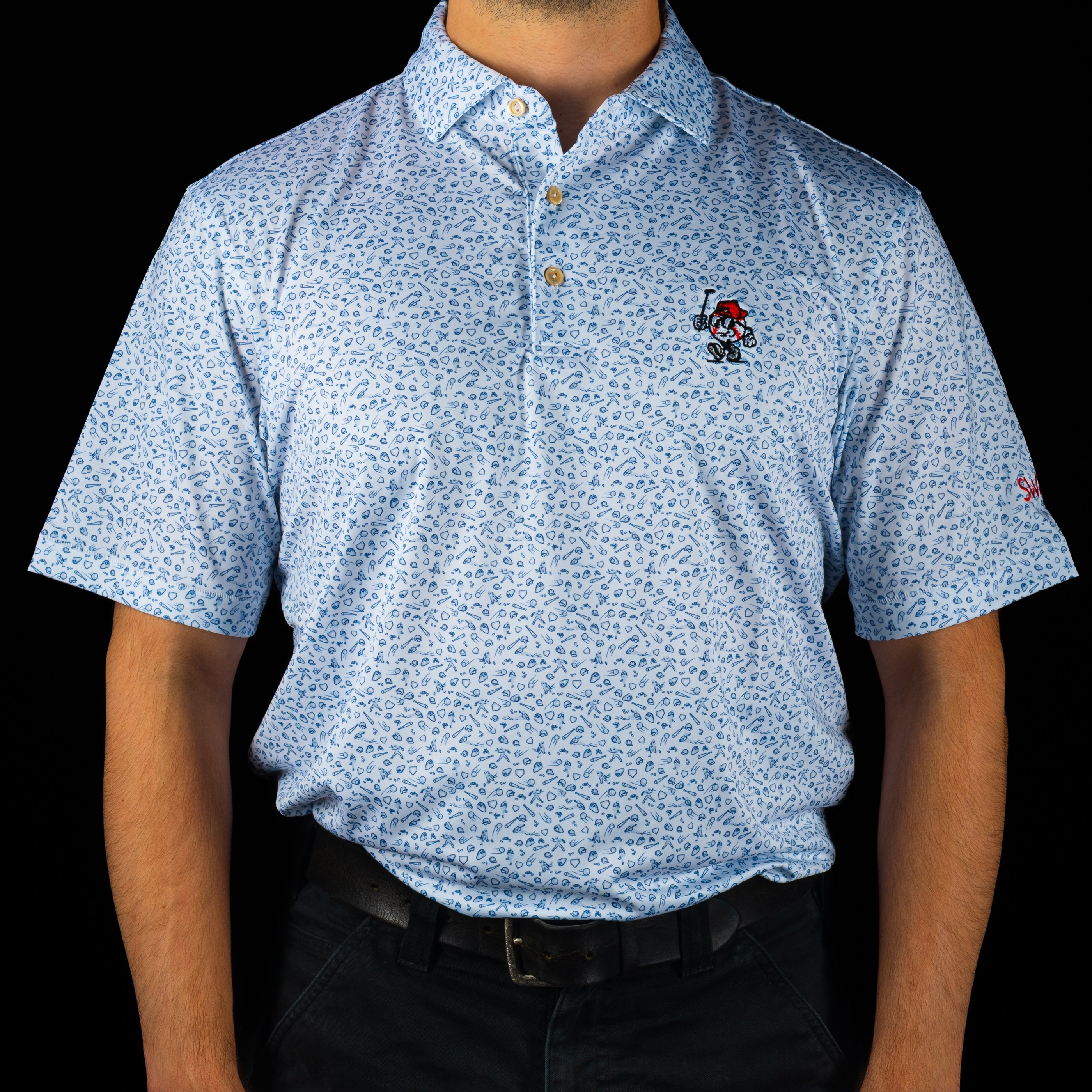 Peter Millar x SWAG polo with embroidered Major SWAG golfer on chest and baseball-themed background print in Summer Comfort fit.