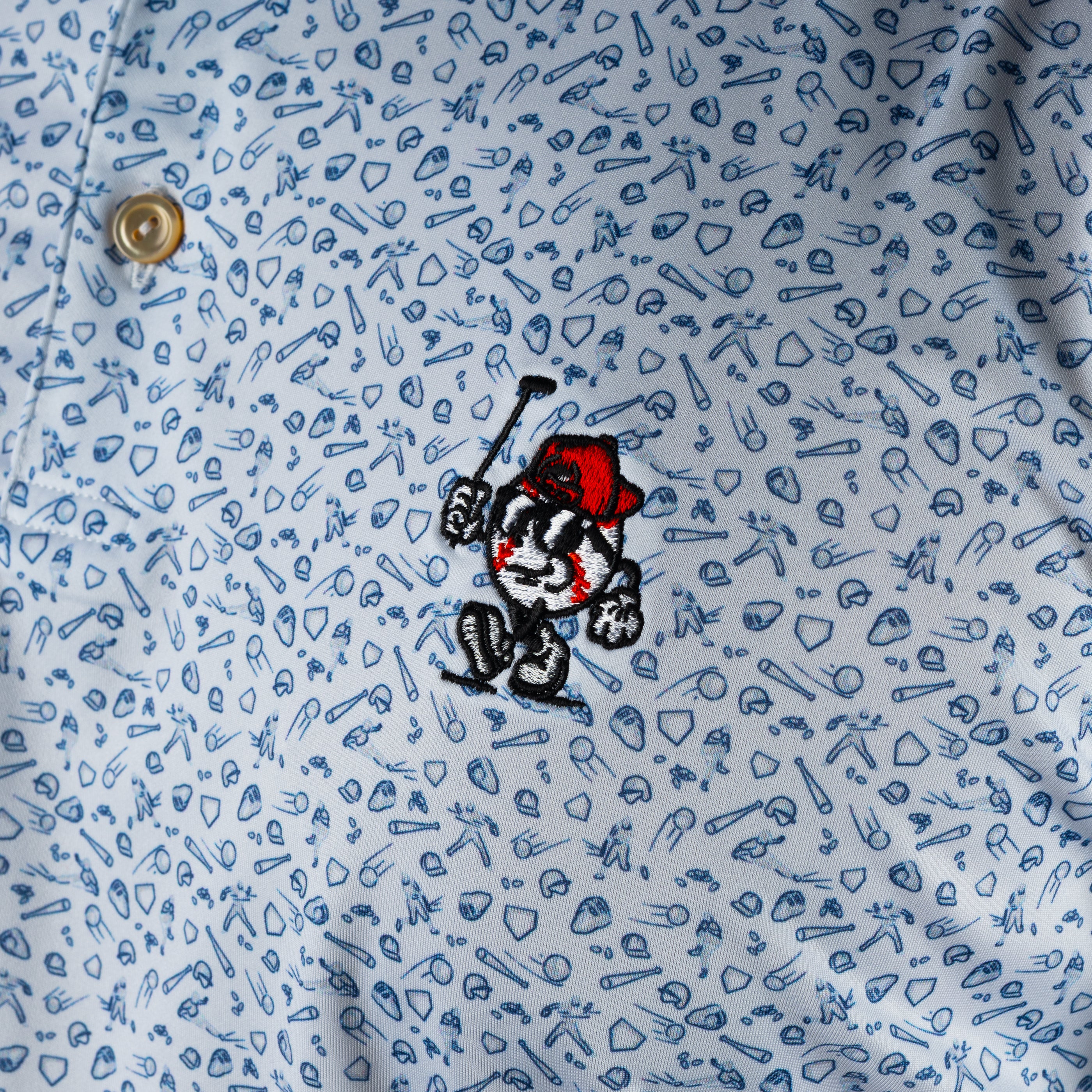 Peter Millar x SWAG polo with embroidered Major SWAG golfer on chest and baseball-themed background print in Summer Comfort fit.