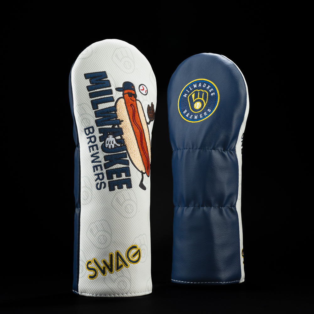 Milwaukee Brewers hot dog white, navy and yellow fairway golf head cover.