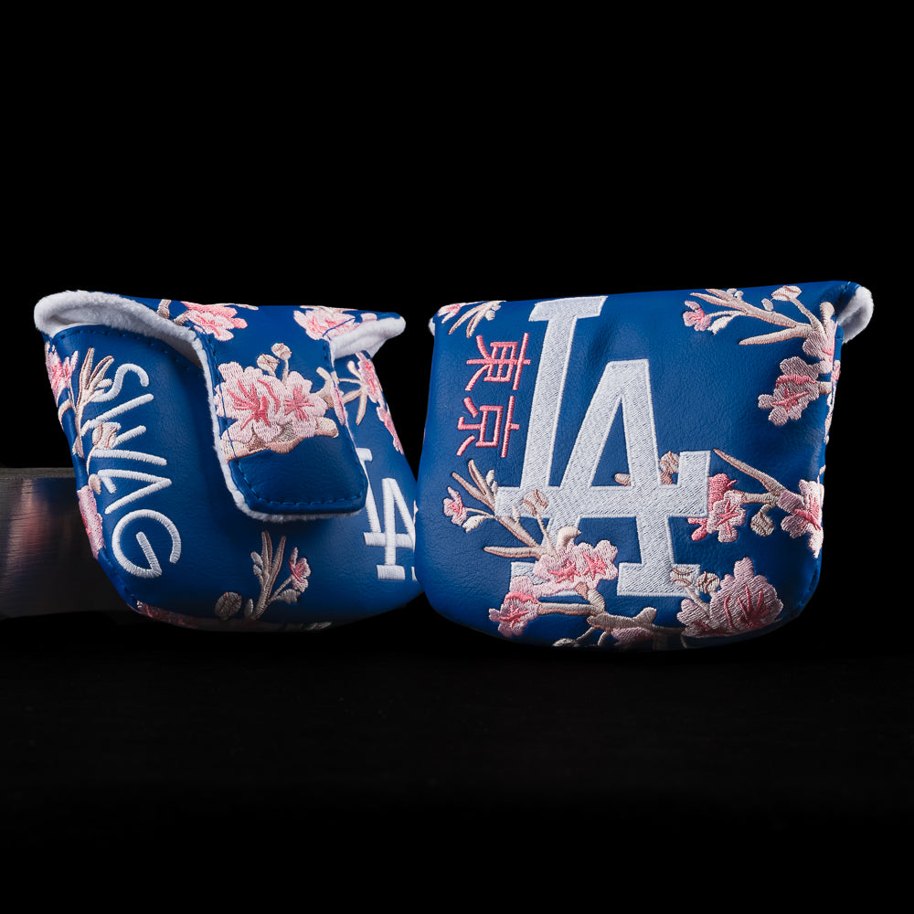 Officially licensed MLB Los Angeles Dodgers cherry blossom blue, pink, and white mallet putter golf headcover.