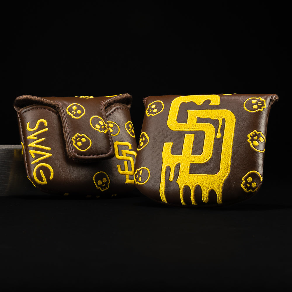 SWAG Golf x MLB officially licensed San Diego Padres drip brown and yellow mallet putter golf headcover.