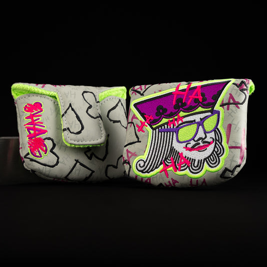Defaced King grey, purple, magenta, neon green mallet golf club headcover made in the USA.