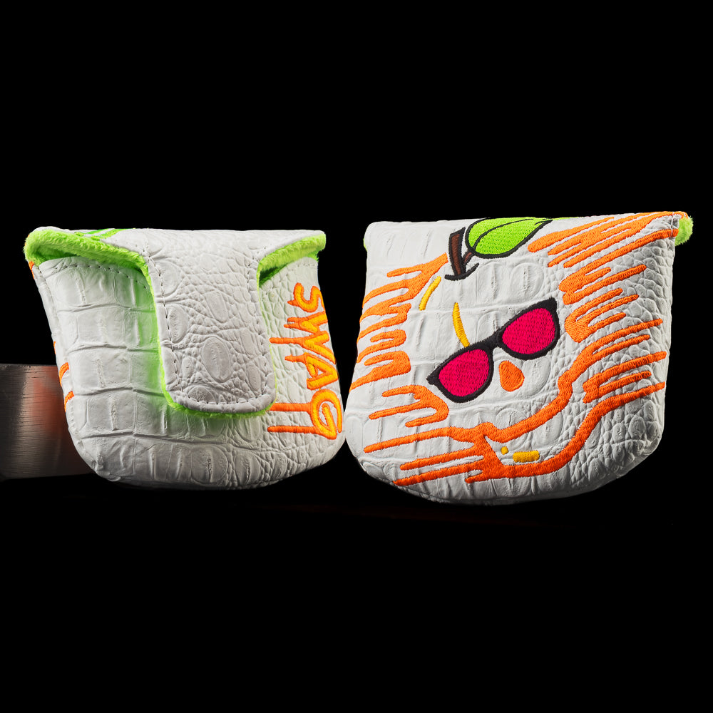 SWAG Golf melting peach skull white, orange, and green mallet putter golf headcover.