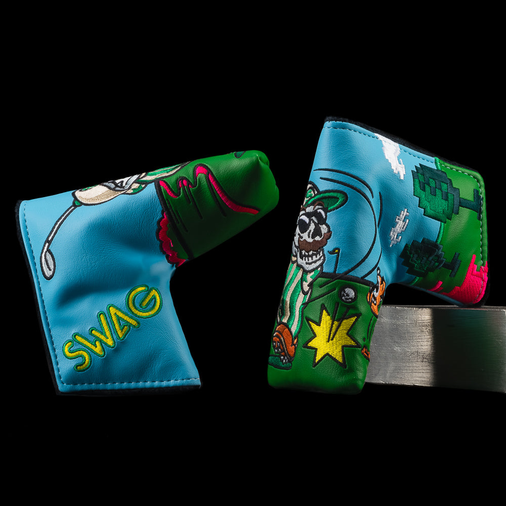 SWAG Open Tournament Golf blue and green video game themed blade golf headcover.