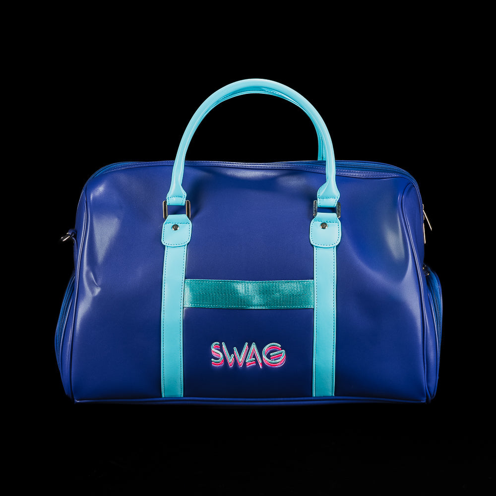 Blue duffel bag with teal handles and strap, featuring a graphic design of Lincoln and the SWAG logo on a black background.