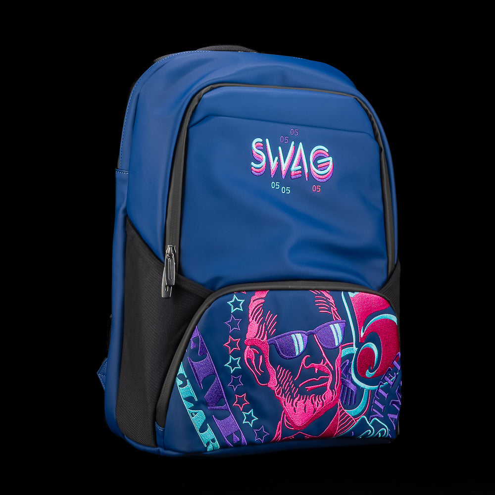 SWAG Golf Blue backpack with 'SWAG' text and Abe Lincoln $5 bill colorful design on the front pocket.