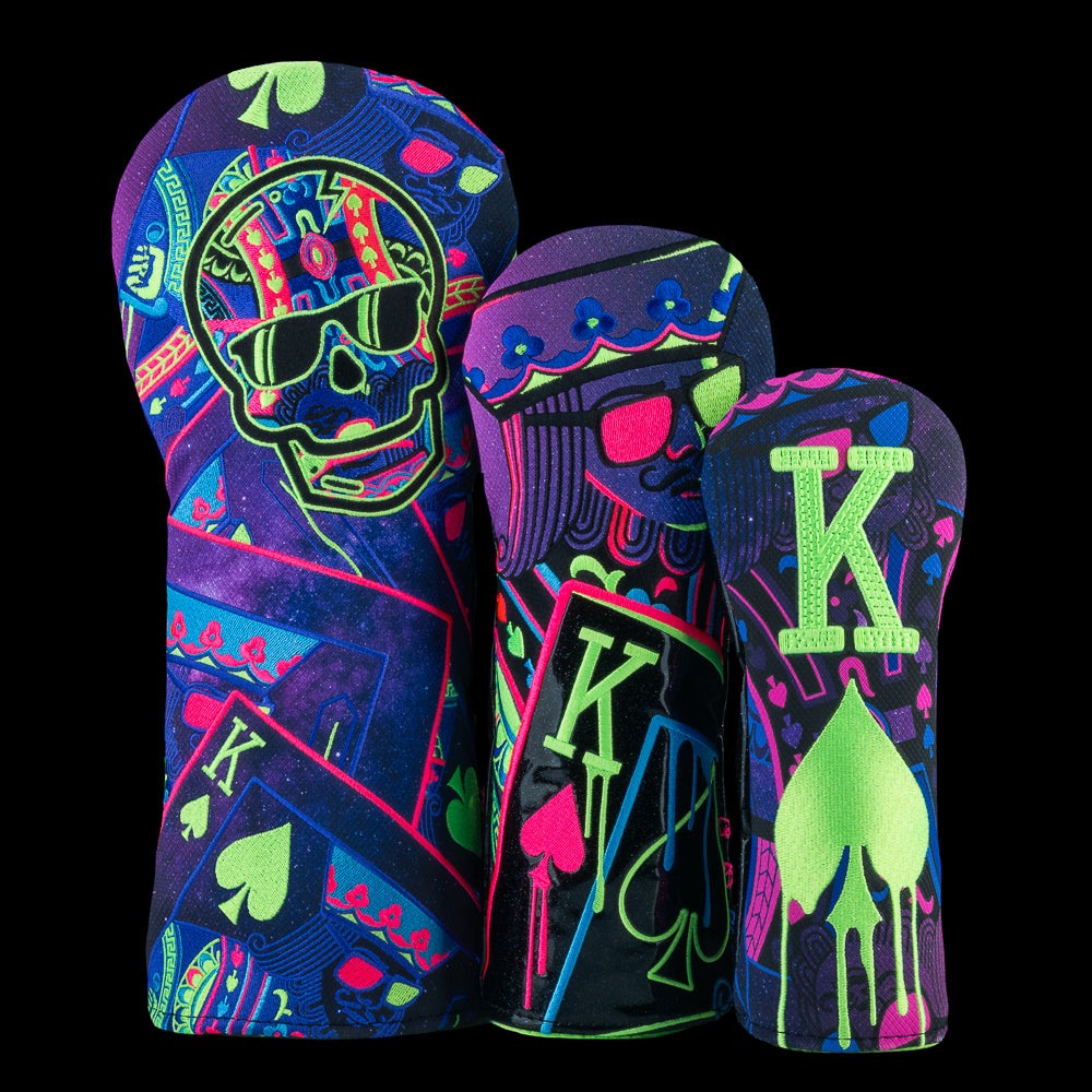 SWAG Galaxy Royalty driver, fairway, and hybrid covers with neon skull and king graphics. Featuring neon colors green, pink, and purple.