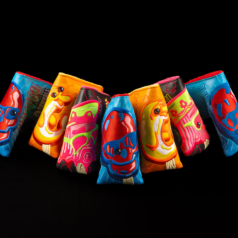 Melting Ice Cream orange, blue, black with red, yellow and pink blade golf club head cover. Made in the USA.