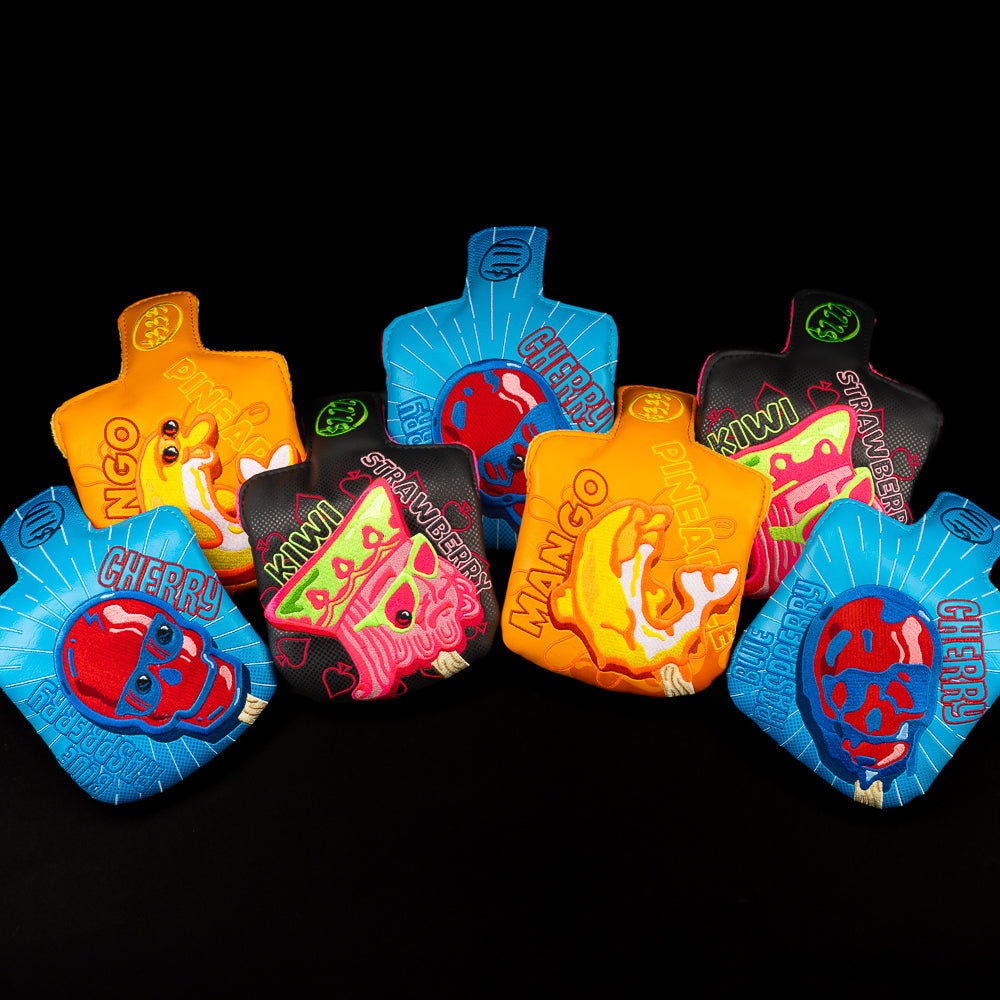 Melting Ice Cream orange, blue, black with red, yellow and pink mallet golf club head cover. Made in the USA.