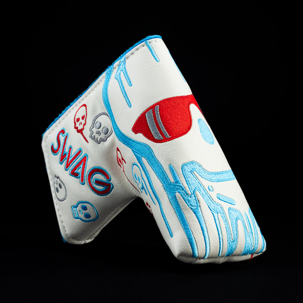 White with silver and blue melting skull blade putter head cover