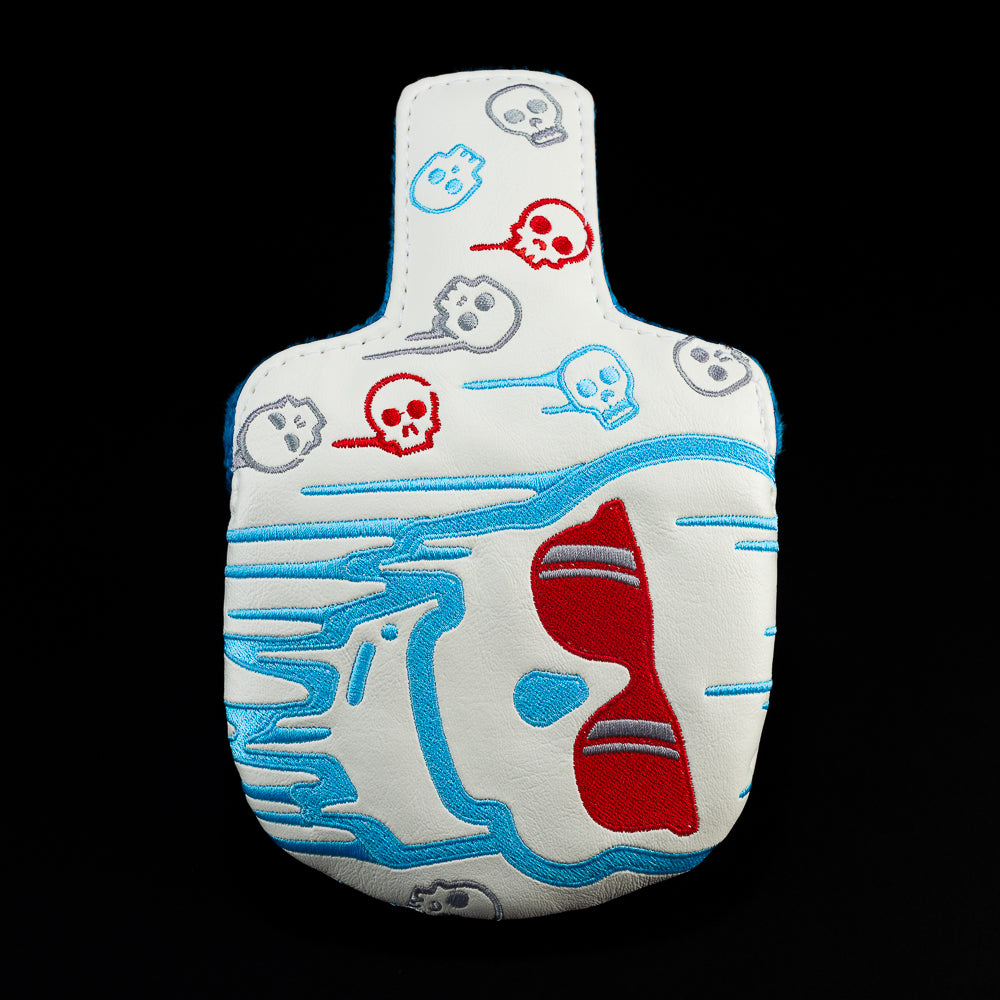 White with silver and blue melting skull mid mallet head cover