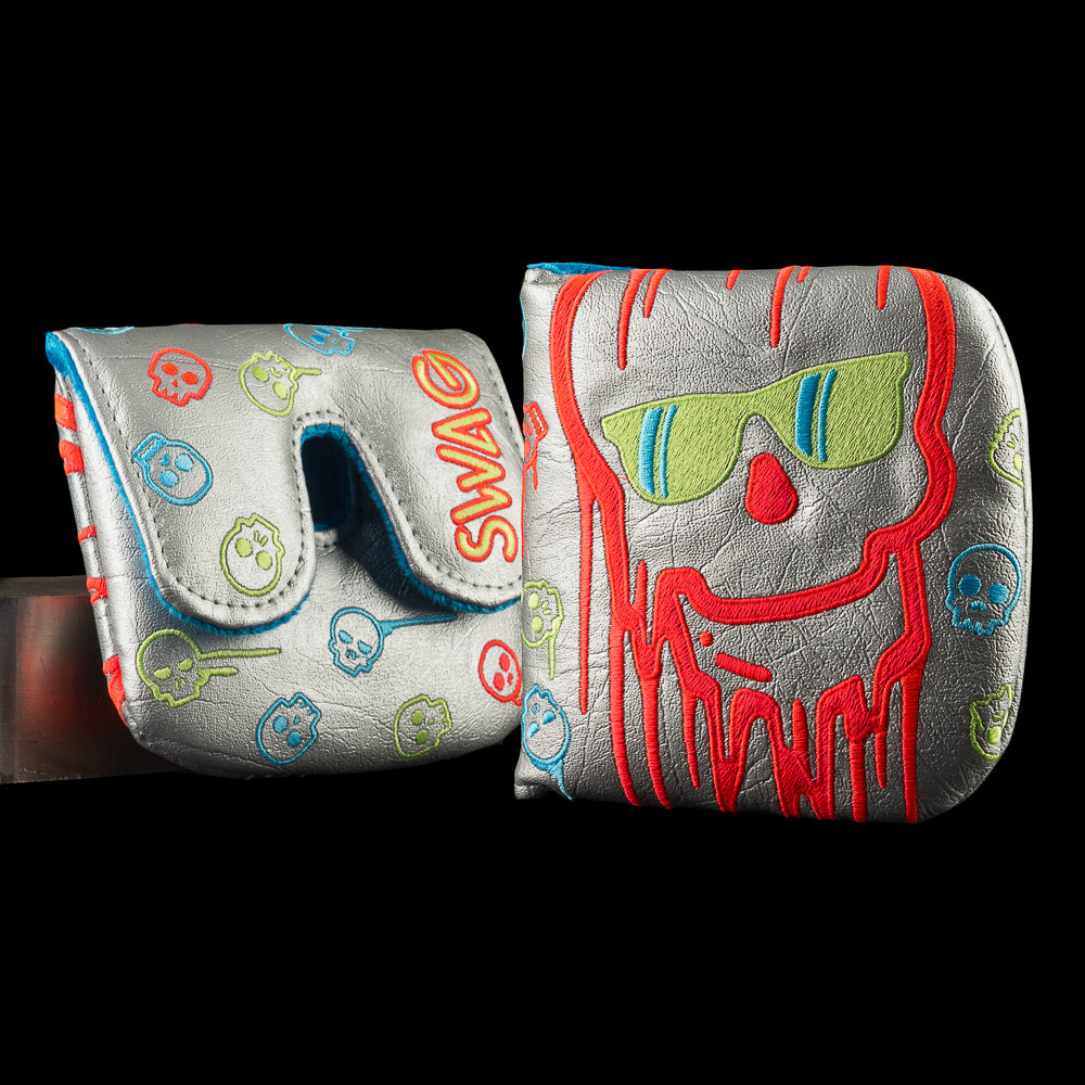 SWAG Golf melting skull silver and neon orange extra large center shaft mallet putter golf headcover.