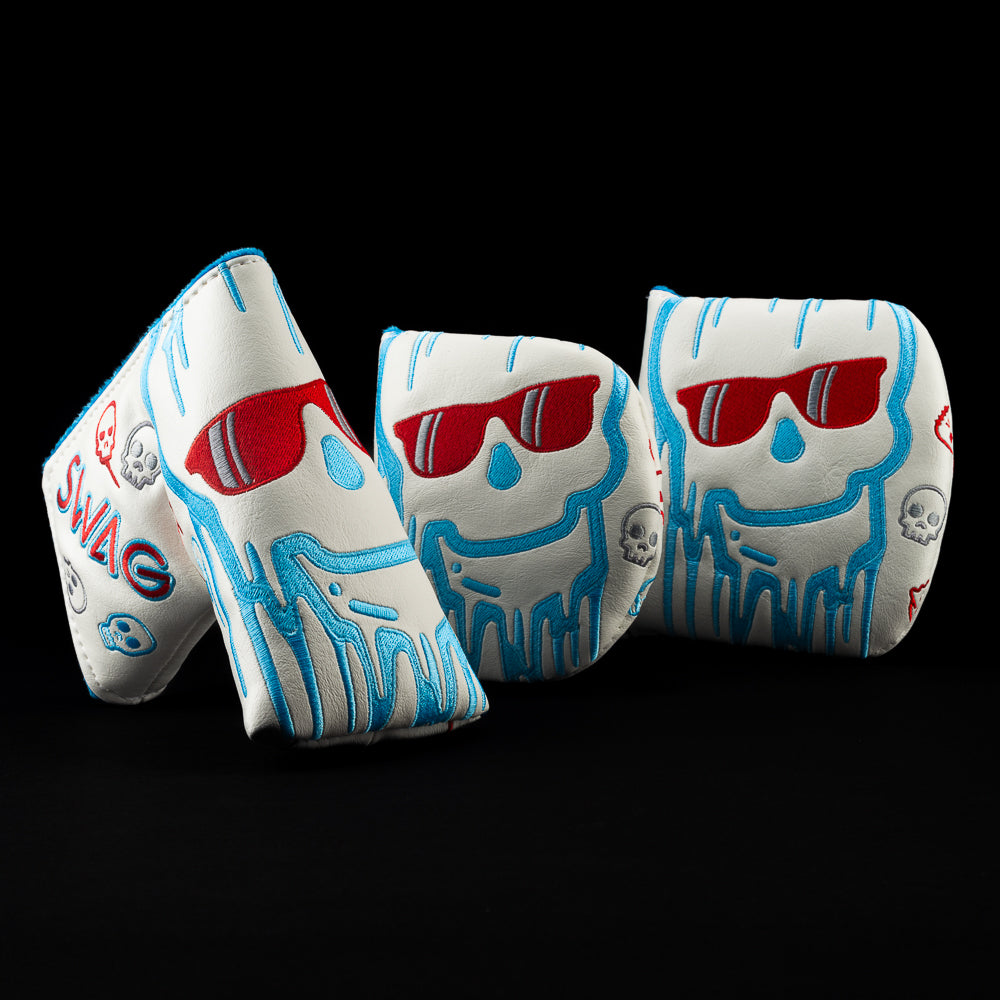 White with silver and blue melting skull mallet head cover