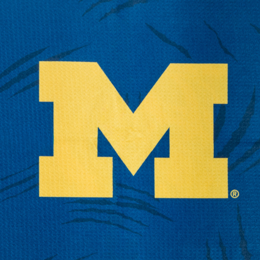 University of Michigan blue golf towel with yellow 'M' and 'Go Blue' text, featuring a football helmet graphic.