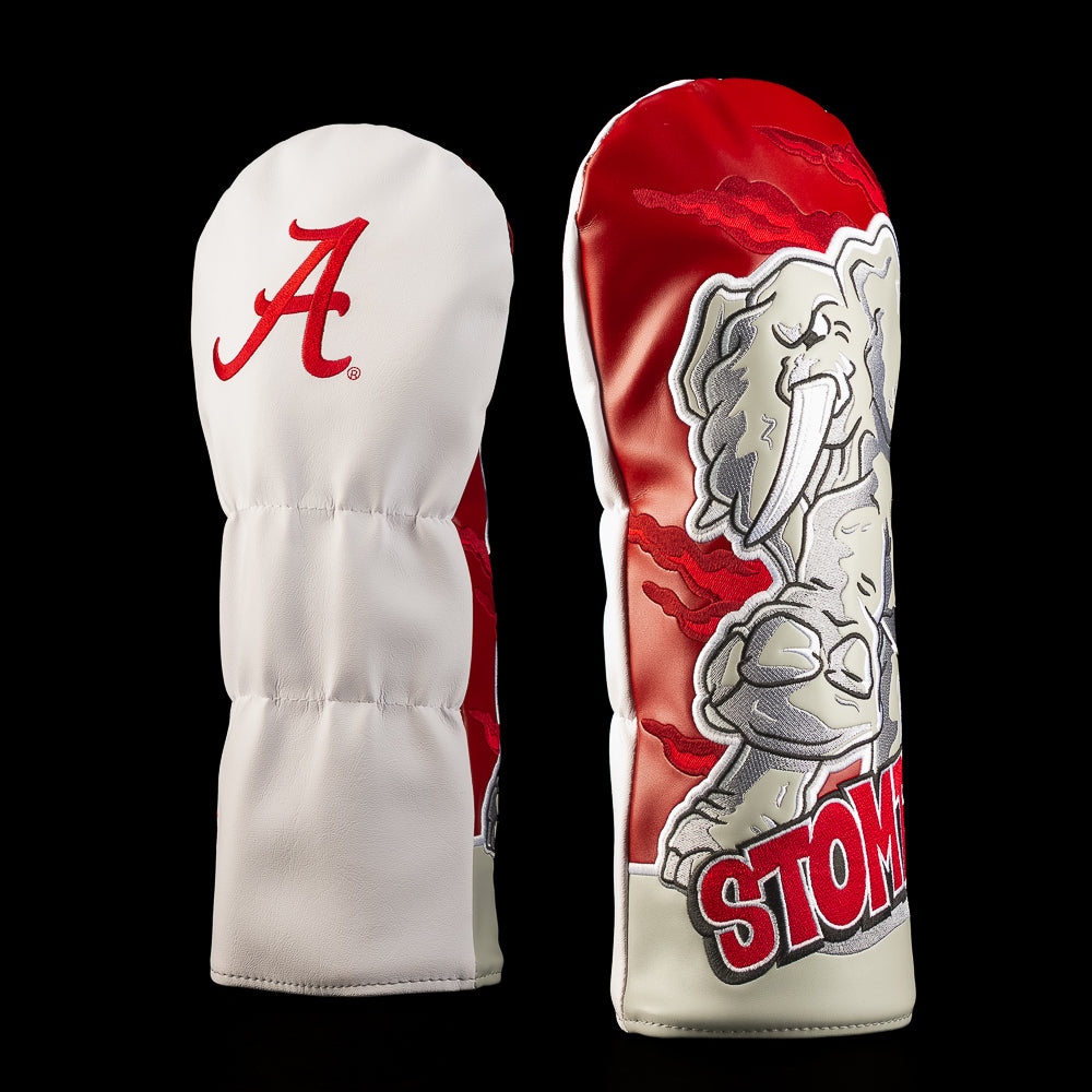University of Alabama The Stomp Driver Cover in crimson and white featuring an illustrated elephant stomping a football, bold STOMP lettering, and script A logo.