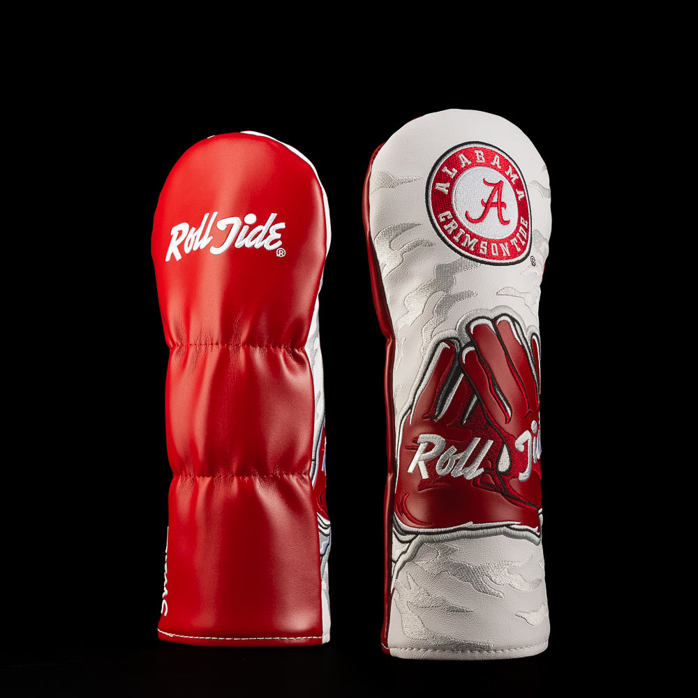 University of Alabama Roll Tide Fairway Cover featuring crimson Roll Tide script, patterned white artwork, red golf glove graphic, and Alabama Crimson Tide logo.