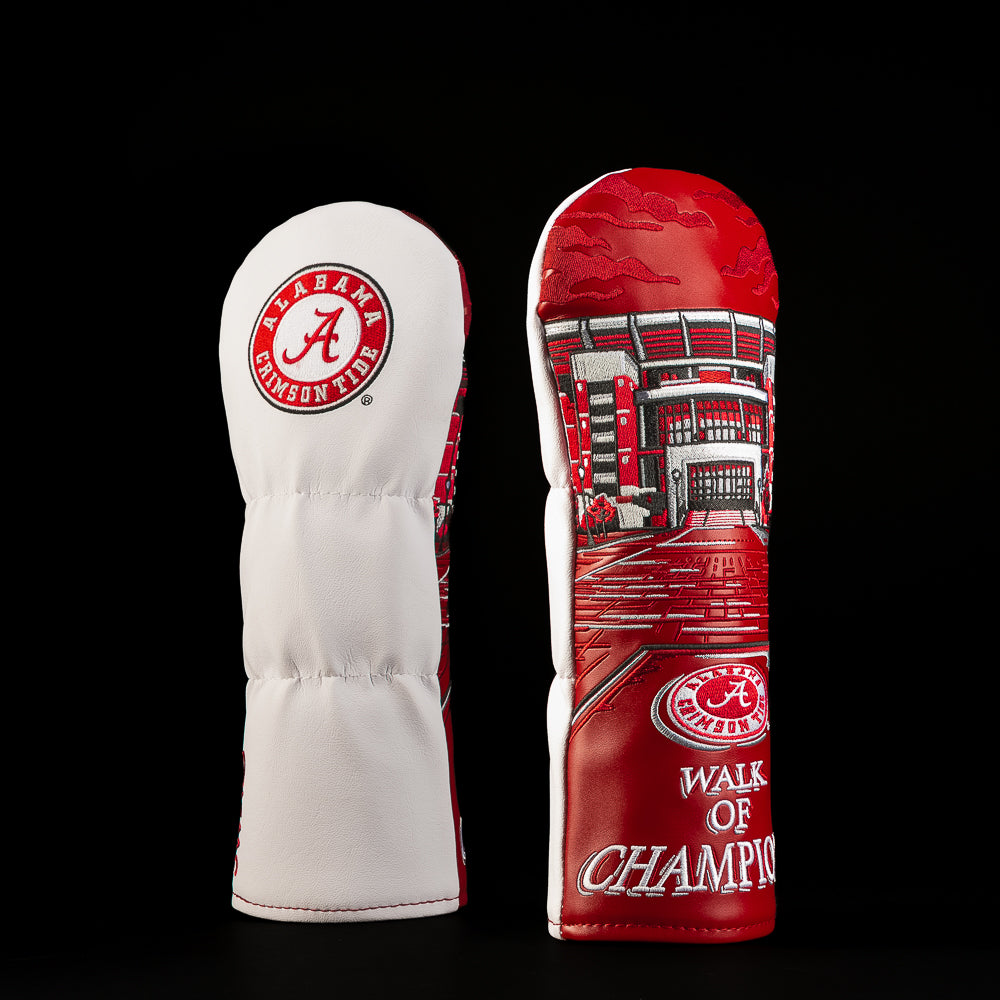 University of Alabama Walk Of Champions Fairway Cover in crimson and white featuring stadium artwork, Walk of Champions lettering, and Alabama Crimson Tide logo.