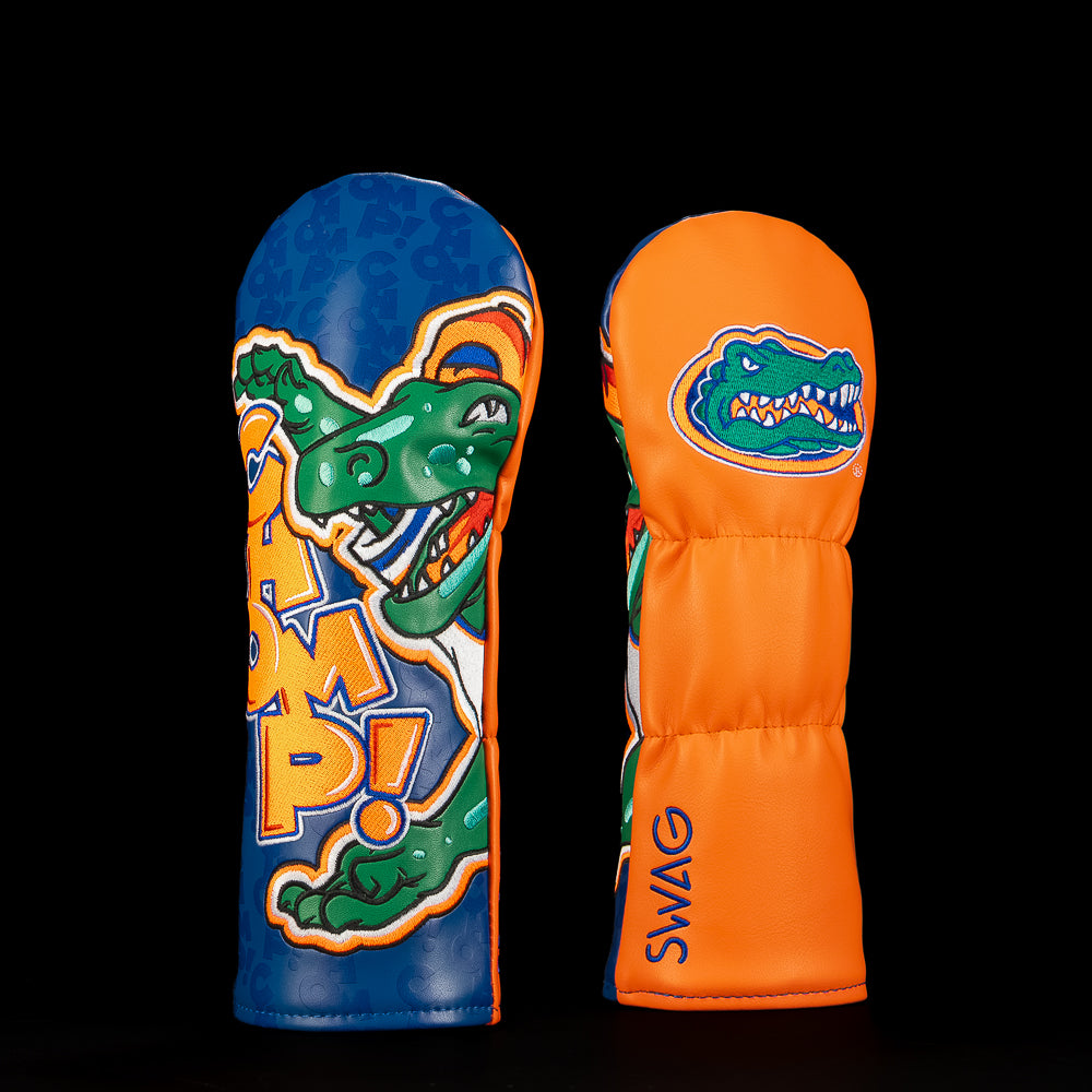 University of Florida The Chomp Fairway Cover in orange and blue featuring an oversized illustrated gator doing the chomp, bold CHOMP lettering, and Florida Gators logo.