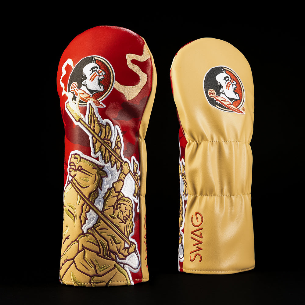 Florida State University The Unconquered Driver Cover in garnet and gold featuring Florida State Seminoles logo, spear imagery, and illustrated warrior artwork.