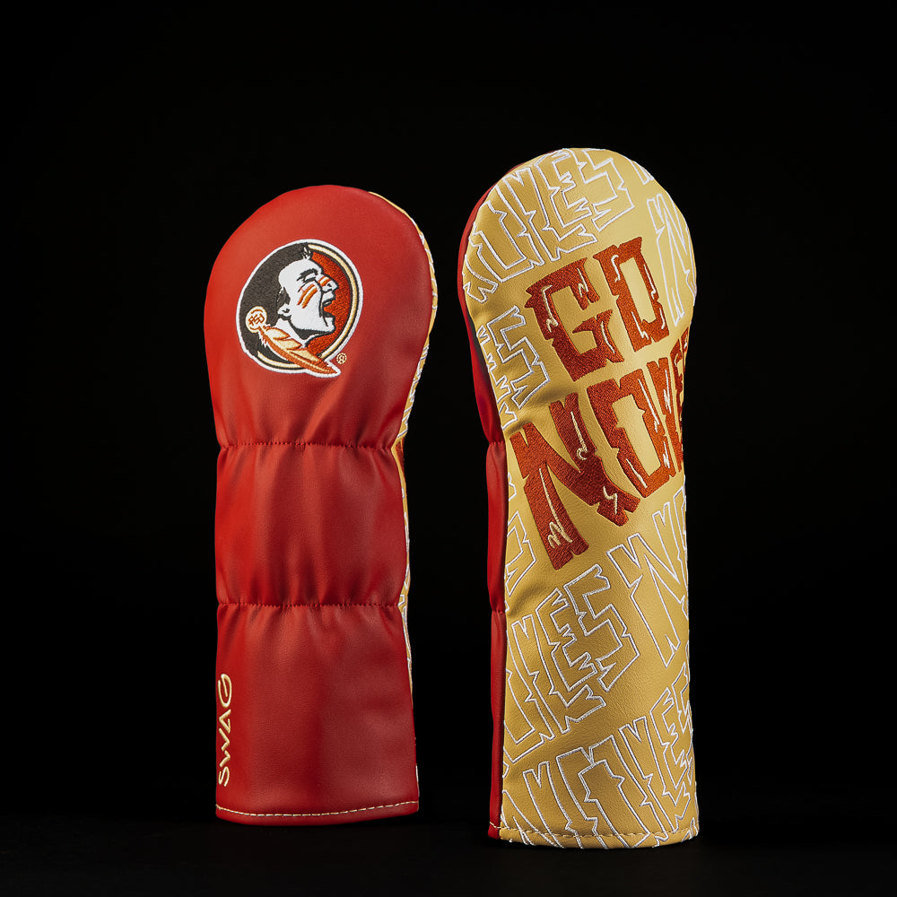 Florida State University Rally Cry Fairway Cover in garnet and gold featuring oversized Go Noles rally lettering, repeating Seminoles typography, and Florida State logo.