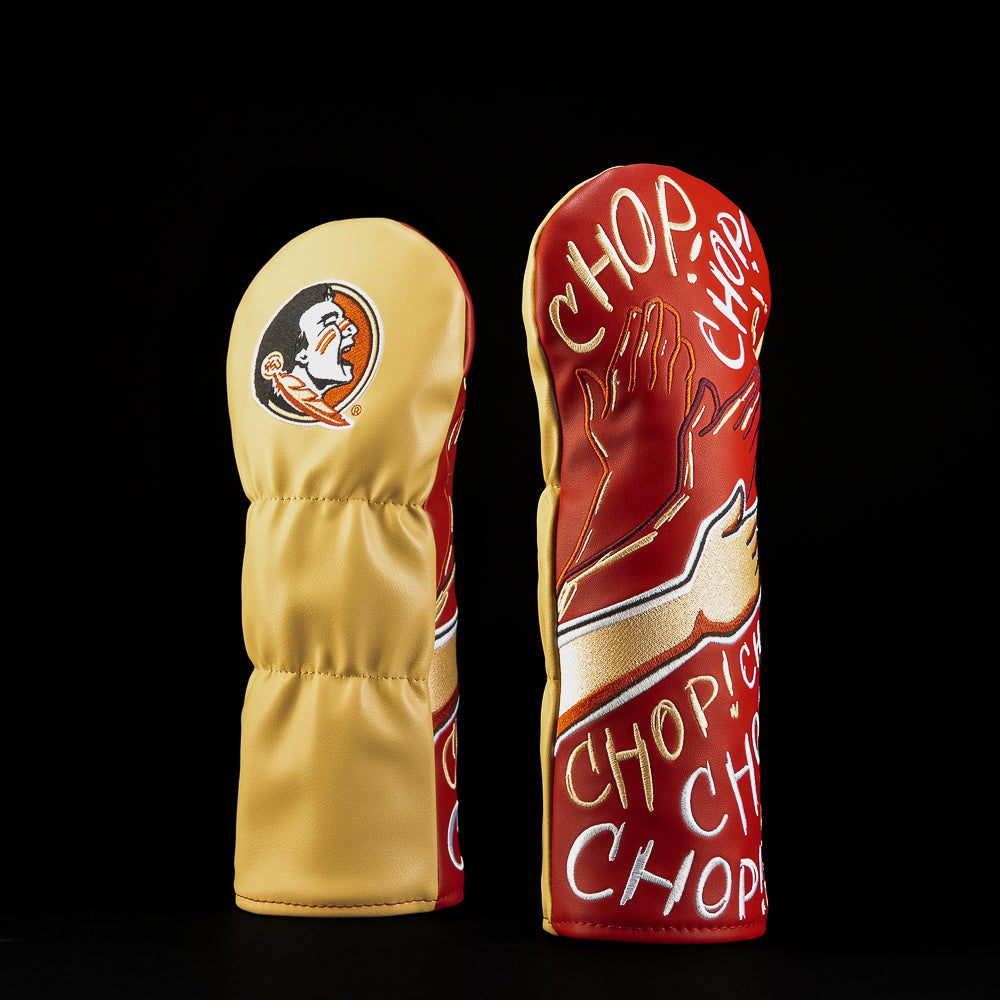 Florida State University Tomahawk Chop Fairway Cover in garnet and gold featuring a large Seminoles tomahawk graphic, repeating CHOP lettering, and Florida State logo.
