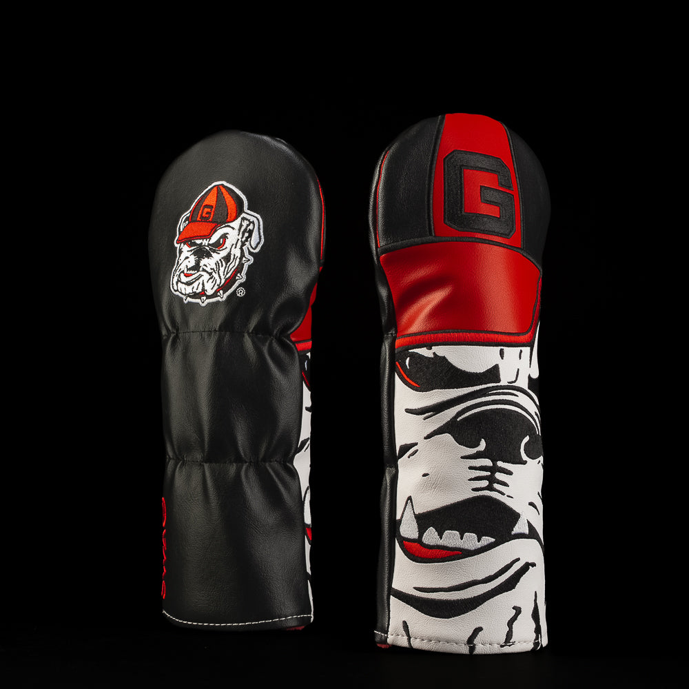 Black, red and white Georgia Bulldogs fairway golf headcover featuring the bulldog mascot in a red cap with Georgia G detailing.