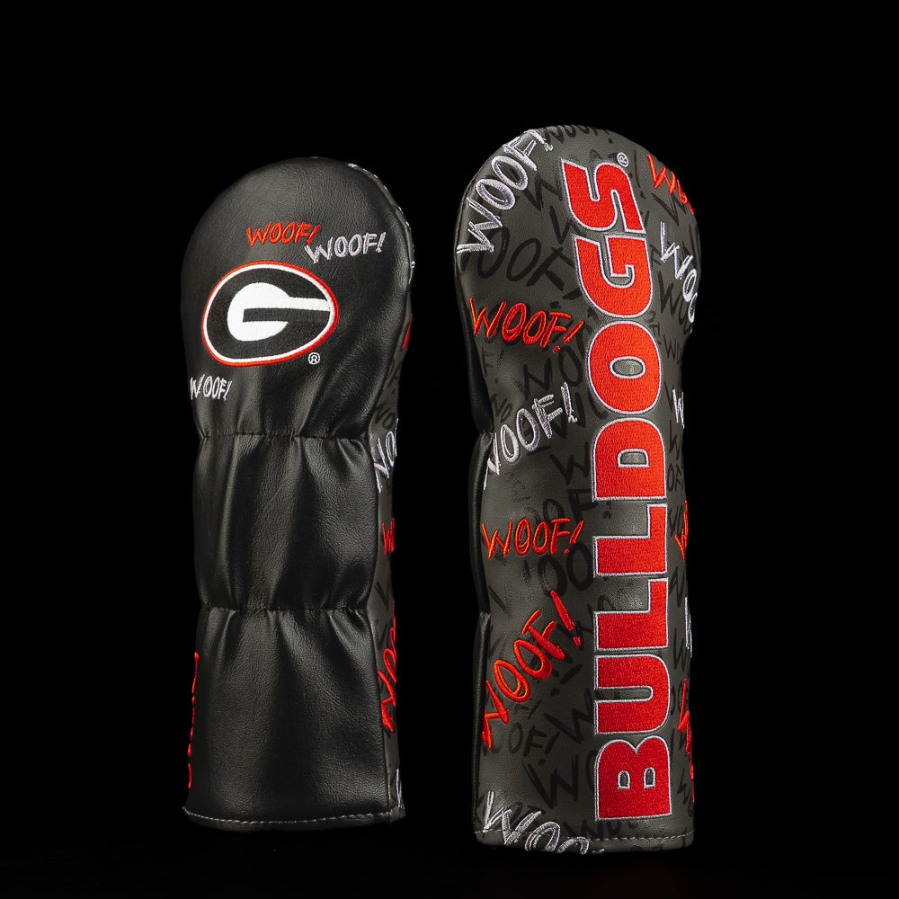 Black, red and gray Georgia Bulldogs fairway golf headcover featuring the Georgia G logo, repeating “Woof” graphics and oversized vertical “Bulldogs” lettering.