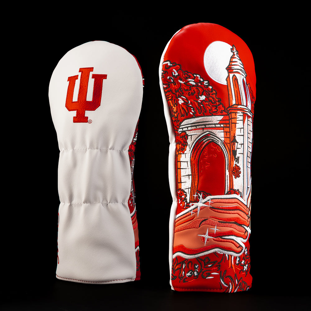 White and crimson Indiana Hoosiers driver golf headcover featuring the IU trident logo and detailed crimson artwork of the Gates and campus scenery.