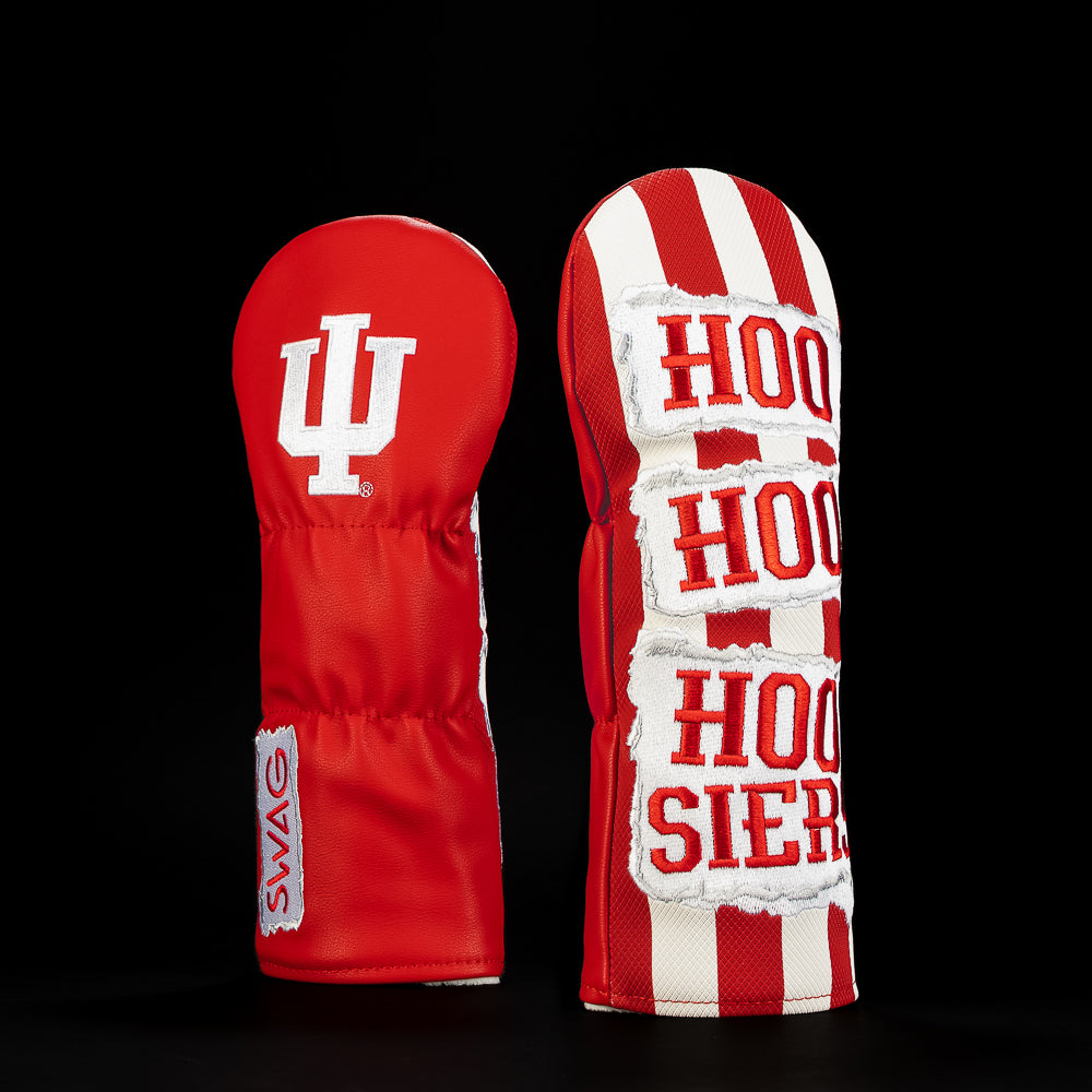 Crimson and white Indiana Hoosiers fairway golf headcover featuring the IU trident logo, striped detailing and stacked “Hoo Hoo Hoo Hoosiers” lettering.