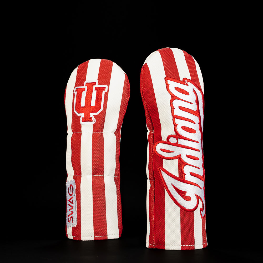 Crimson and white Indiana Hoosiers fairway golf headcover featuring the IU trident logo, iconic candy stripe pattern and oversized Indiana script lettering.