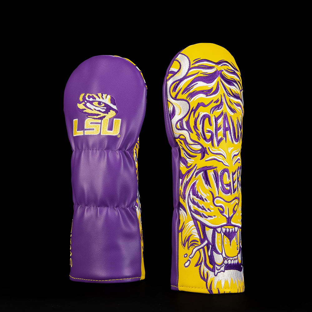 Purple and gold LSU fairway golf headcover featuring the LSU tiger eye logo and oversized roaring tiger artwork with integrated “Geaux Tigers” lettering.