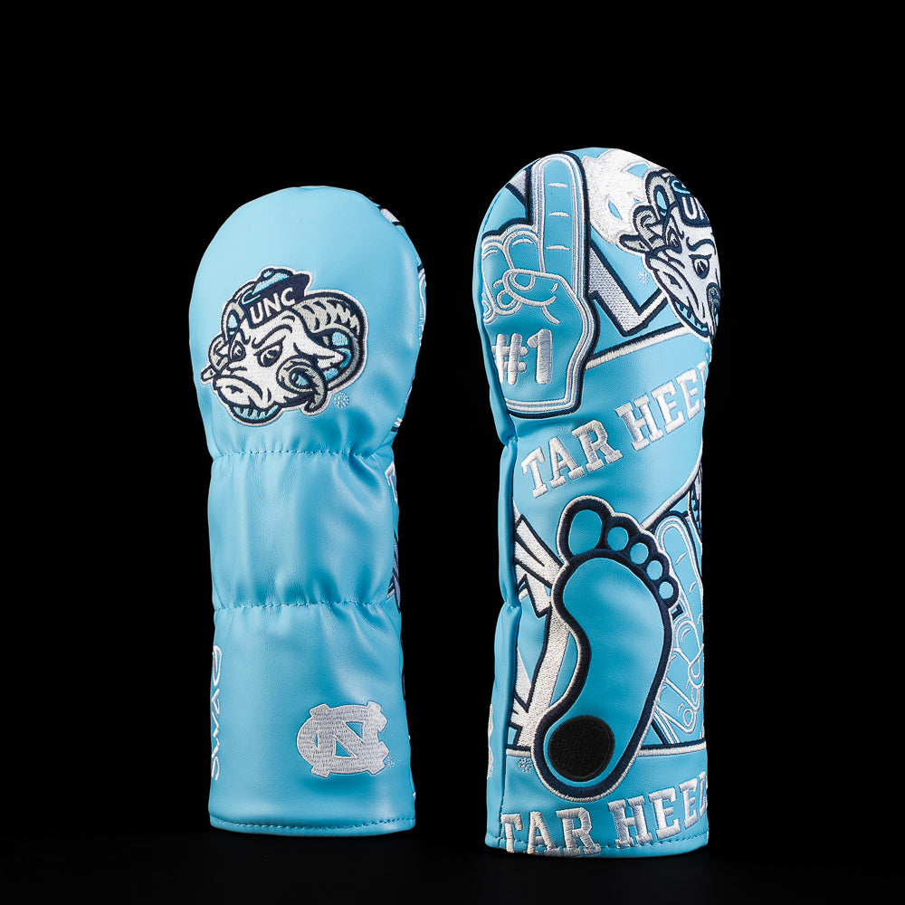 Carolina blue UNC fairway golf headcover featuring Rameses mascot graphics, Tar Heels lettering, UNC logos and a bold Carolina footprint design.