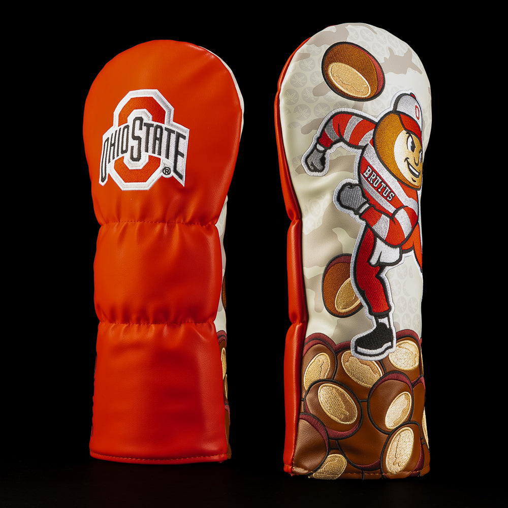 Scarlet and cream Ohio State driver golf headcover featuring the Ohio State logo, Brutus Buckeye running with a football and an allover buckeye nut design.