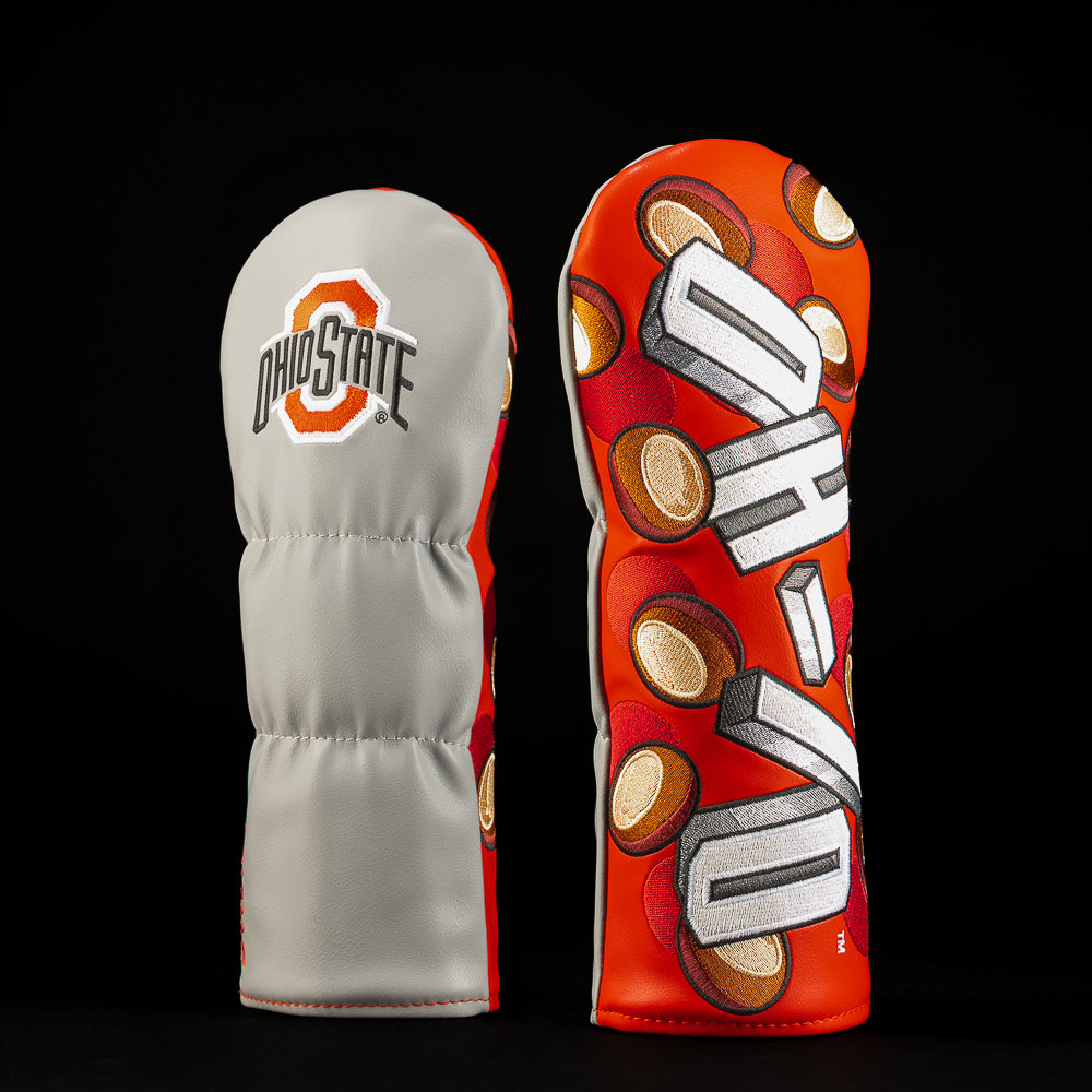 White and red Ohio State fairway golf headcover featuring the Ohio State logo, oversized OH-IO lettering and repeating buckeye nut graphics.