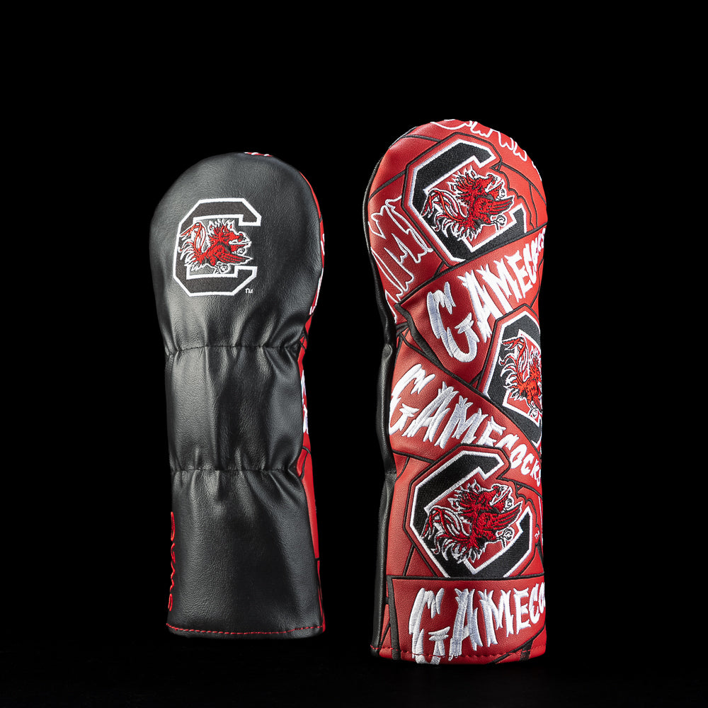 Black and garnet South Carolina fairway golf headcover featuring the Gamecocks logo and repeating “Gamecocks” typography with team graphics.