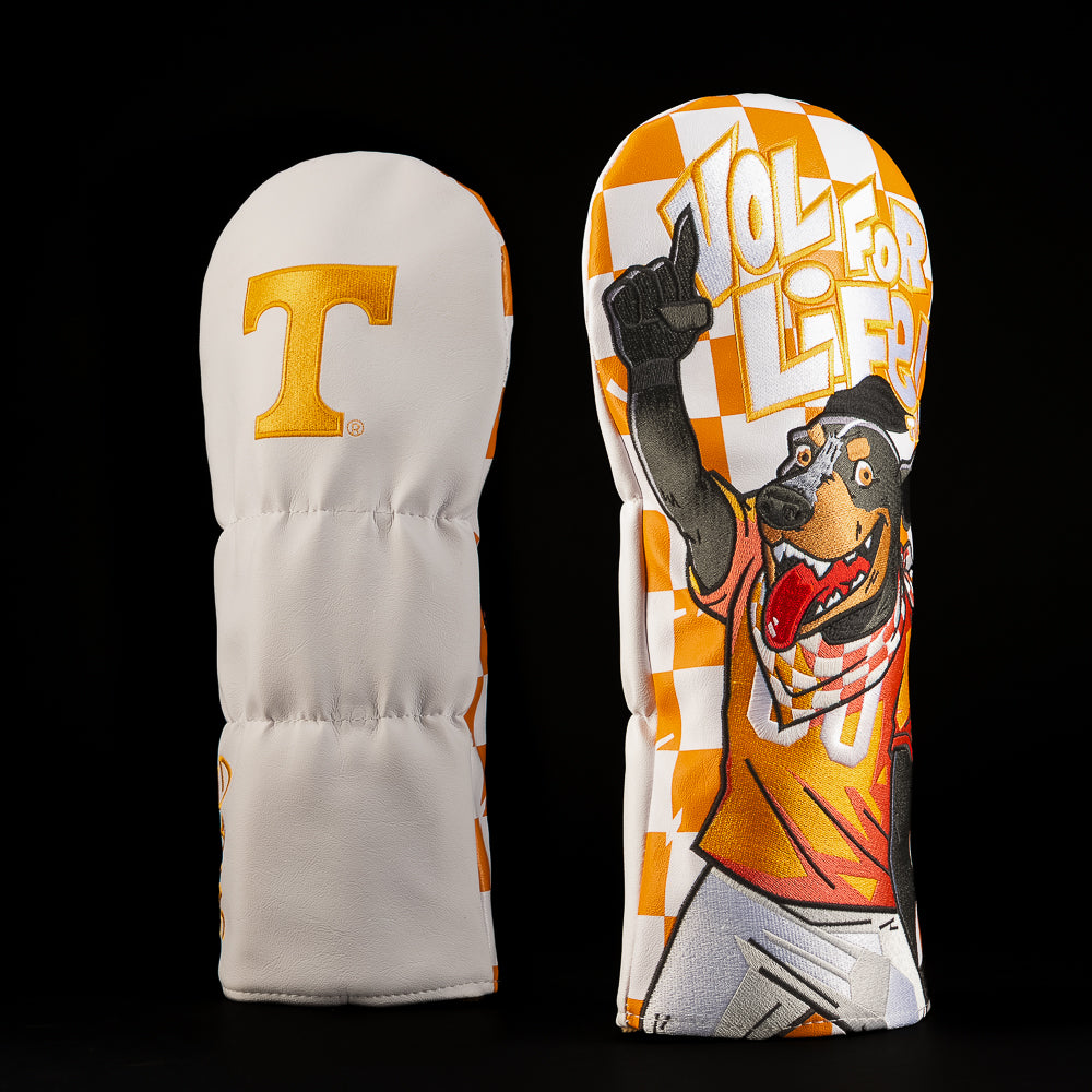 White and Tennessee orange driver golf headcover featuring the Power T logo, “Vol For Life” lettering and illustrated Volunteers mascot artwork.