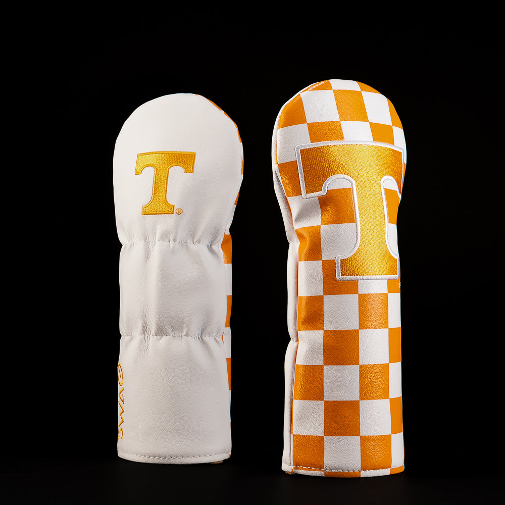 White and Tennessee orange fairway golf headcover featuring the Volunteers Power T logo and iconic orange-and-white checkerboard pattern.