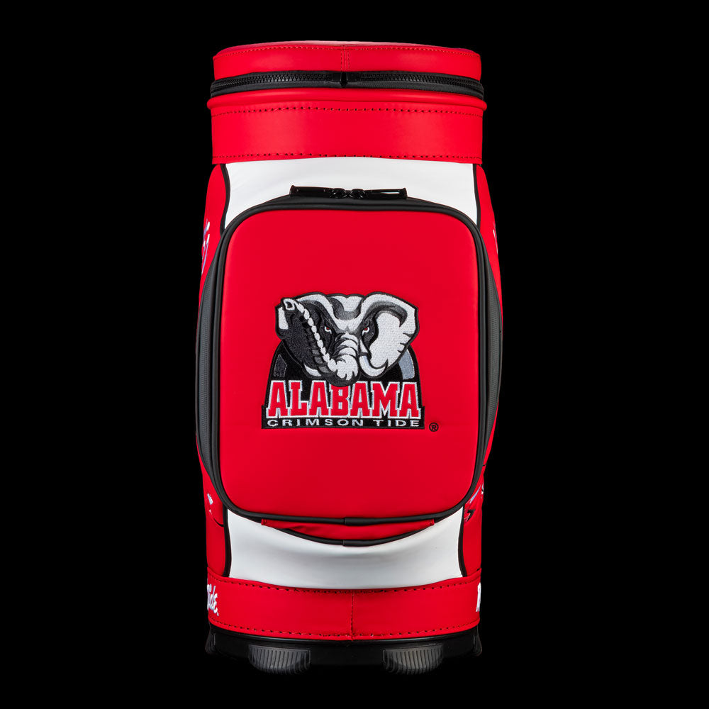 Alabama Crimson Tide Den Caddy Cooler featuring Alabama elephant artwork and Crimson Tide lettering on a crimson pocket