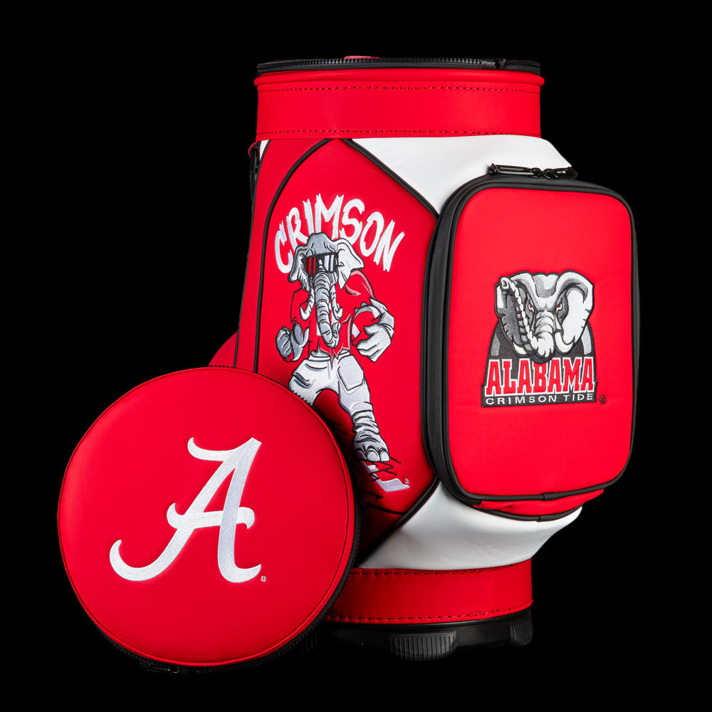 Alabama Crimson Tide Den Caddy Cooler in crimson and white with Big Al mascot artwork, script A logo, and Alabama elephant graphics