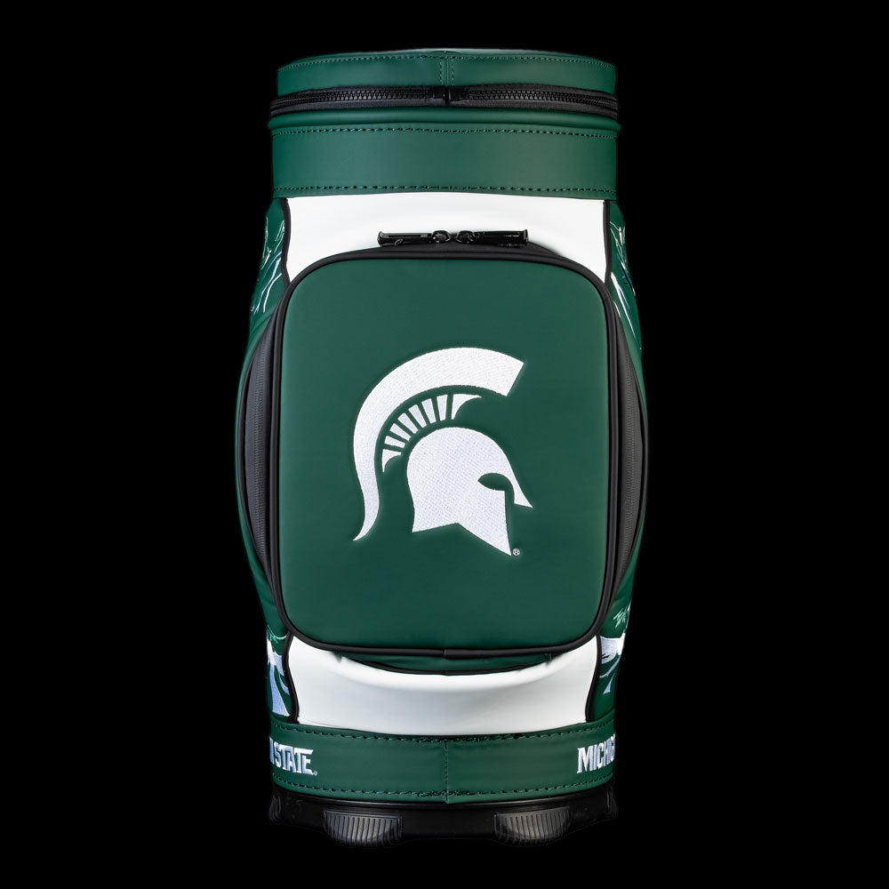Michigan State Go Green Go White Den Caddy Cooler with white center panel and oversized Spartan helmet graphic